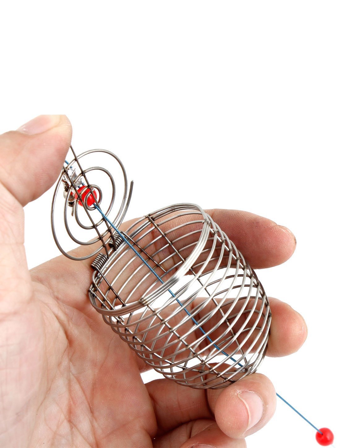 E-CODE bait cage close-up shows strap and drawstring for easy carry.
