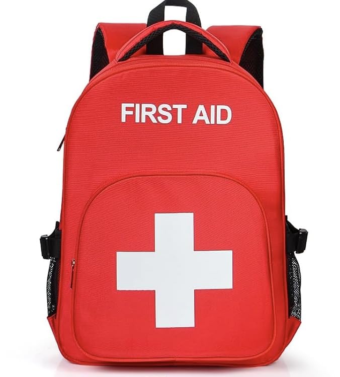 E-HORDE emergency backpack back view highlights sturdy straps for rugged outdoor use.