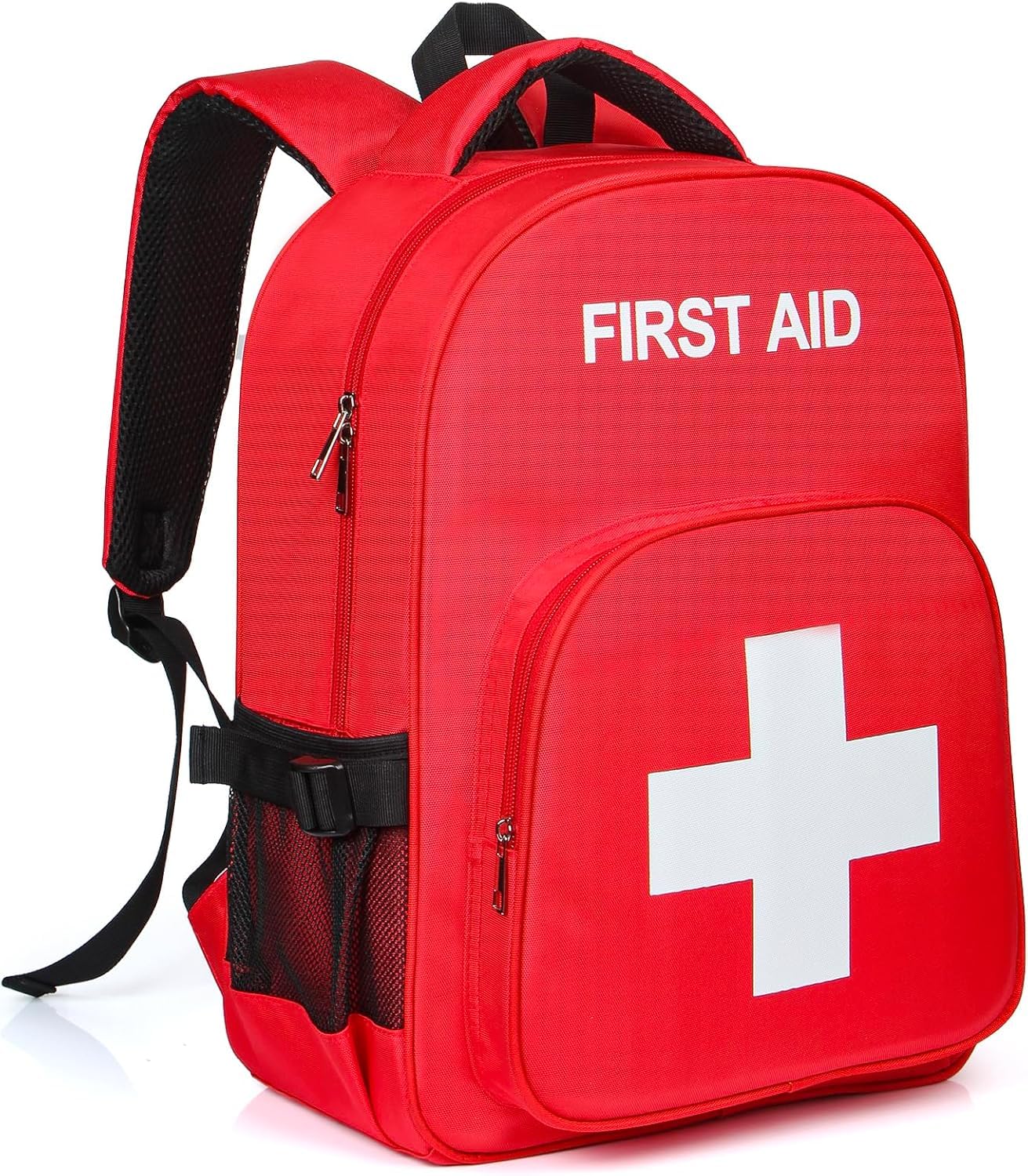 E-HORDE empty first aid backpack front view with reflective logo for quick identification.