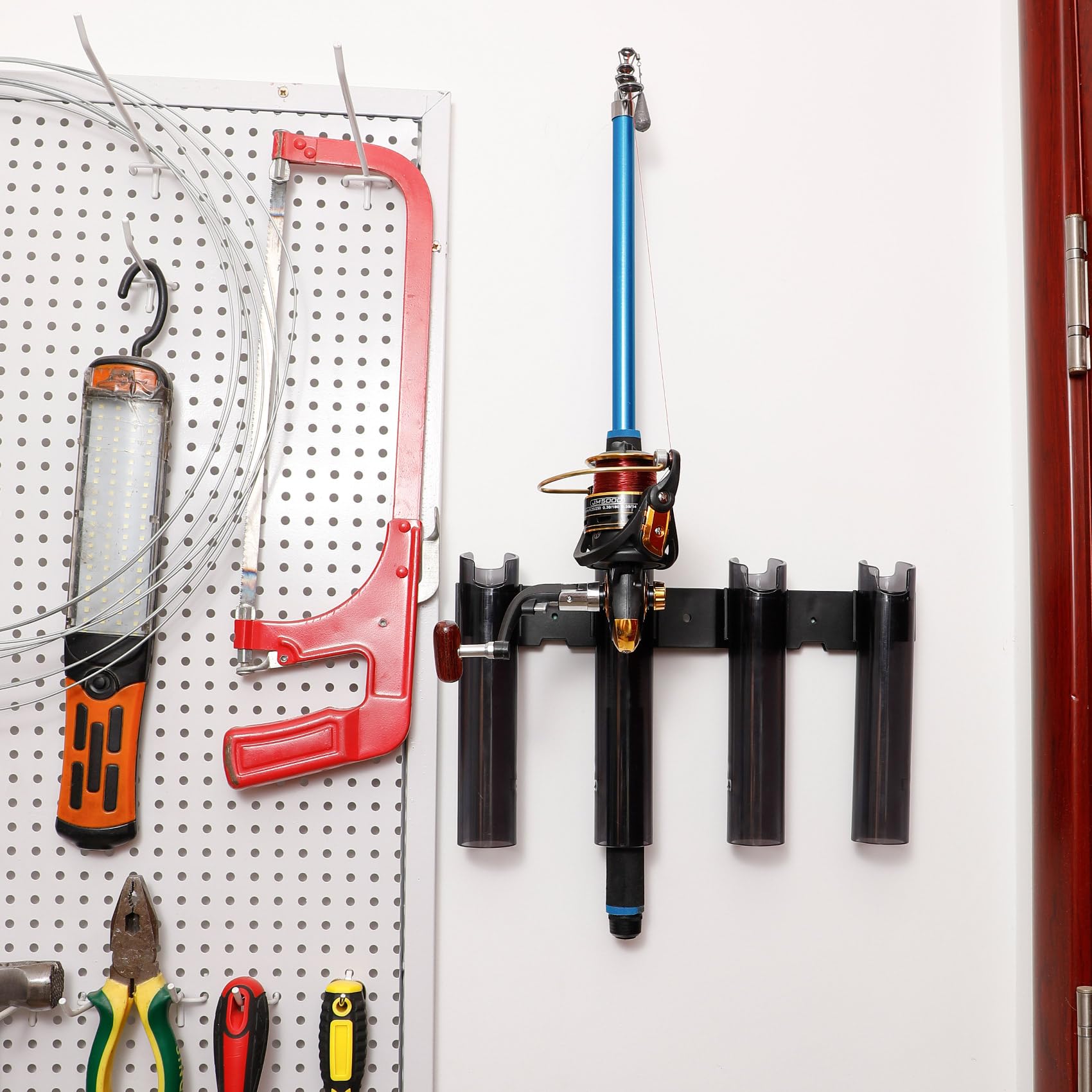 Wall-mounted fishing rod rack with 4 tubes and hardware