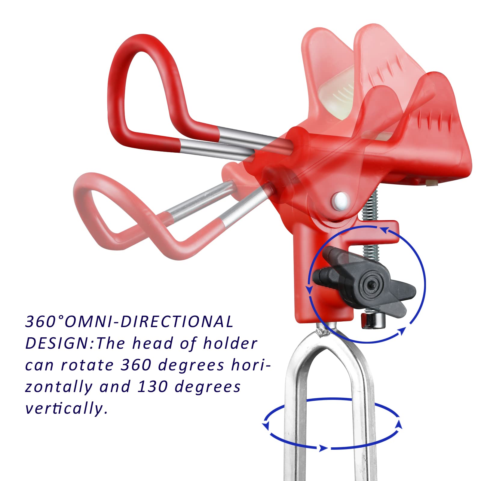 Rod holder head rotates 360° horizontally and 130° vertically