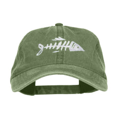 e4Hats Fish Bone embroidered front view on olive cap for casual fishing style.
