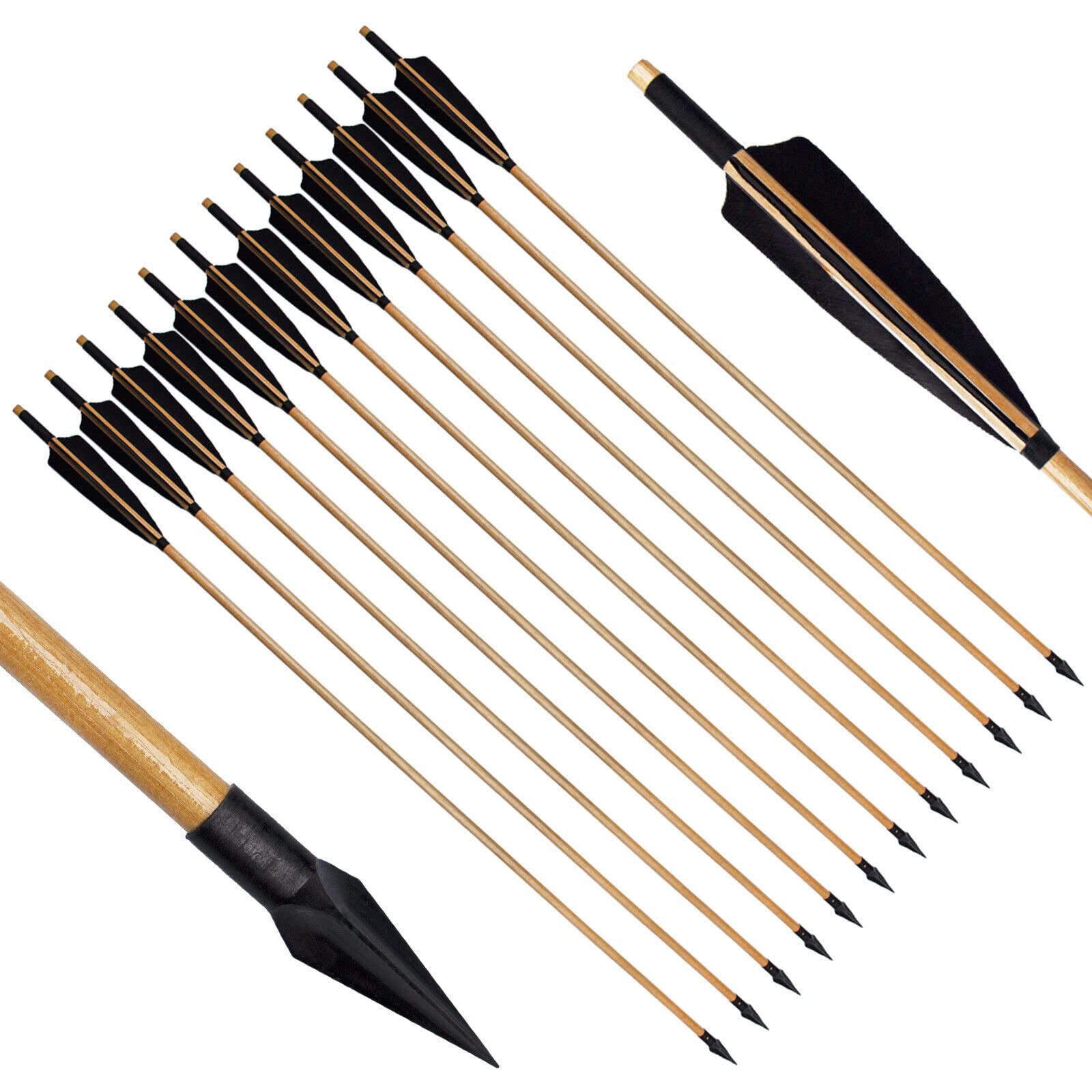 The e5e10 33-inch wooden archery arrows with turkey feather fletching for target practice.