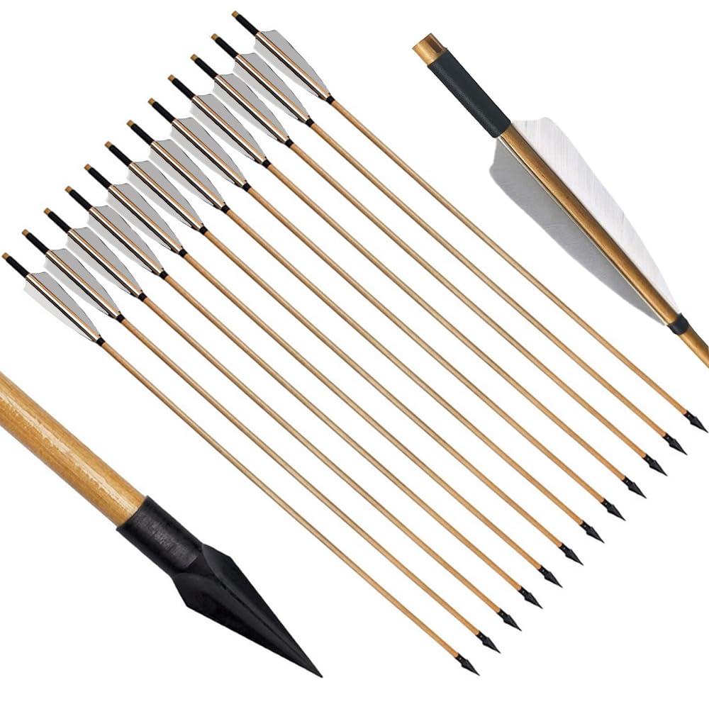 e5e10 33-inch wooden arrow with sharp iron tip for target practice and hunting prep.
