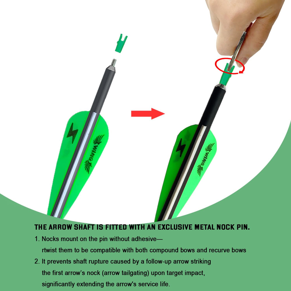 e5e10 arrow fletching green white close-up highlights color-coded flight alignment