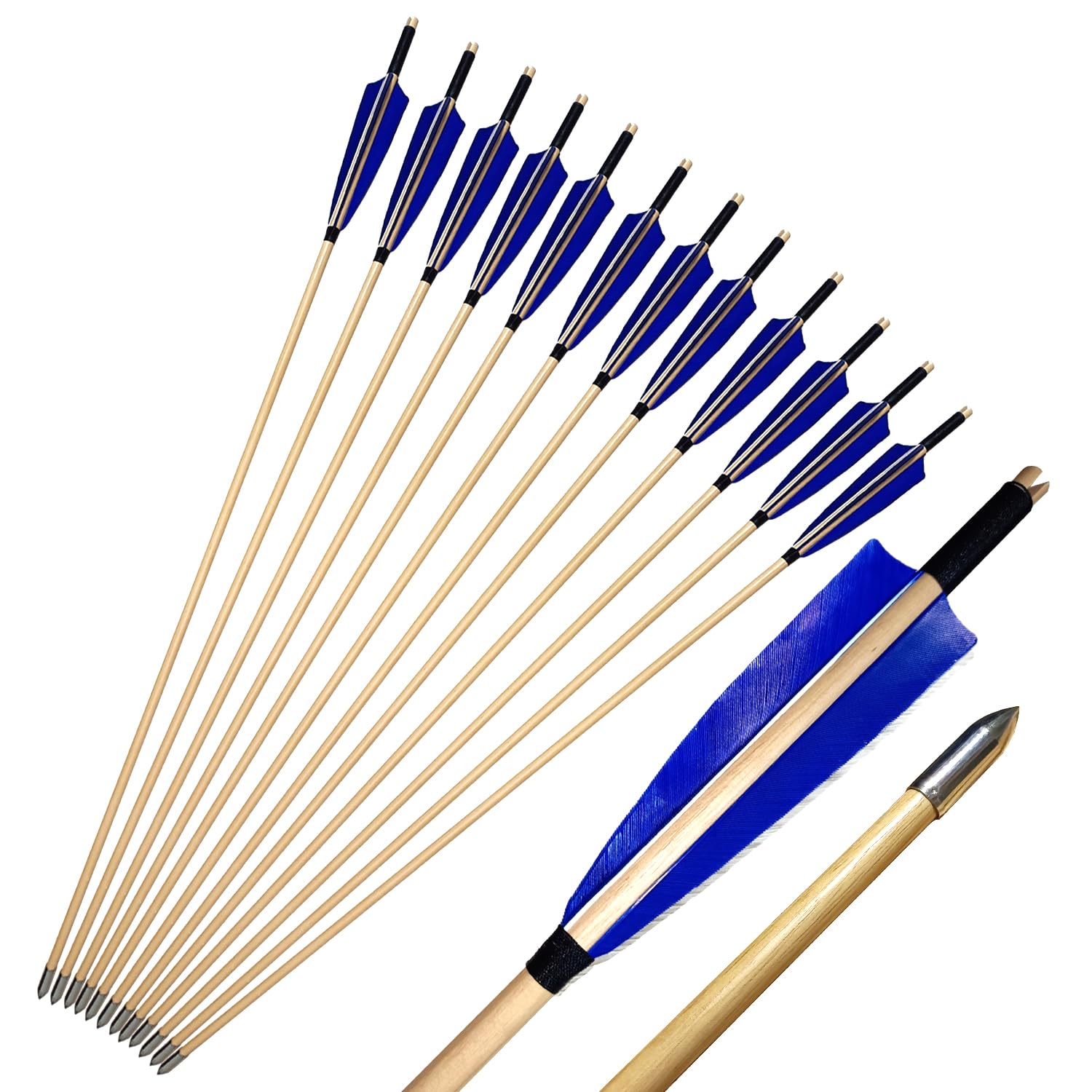 e5e10 wooden arrows 33 inch blue feather fletching ready for target practice