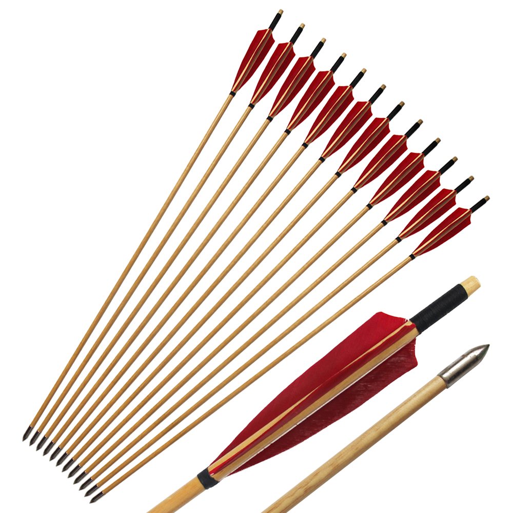 e5e10 wooden arrows 33in with red turkey feathers for durable practice.