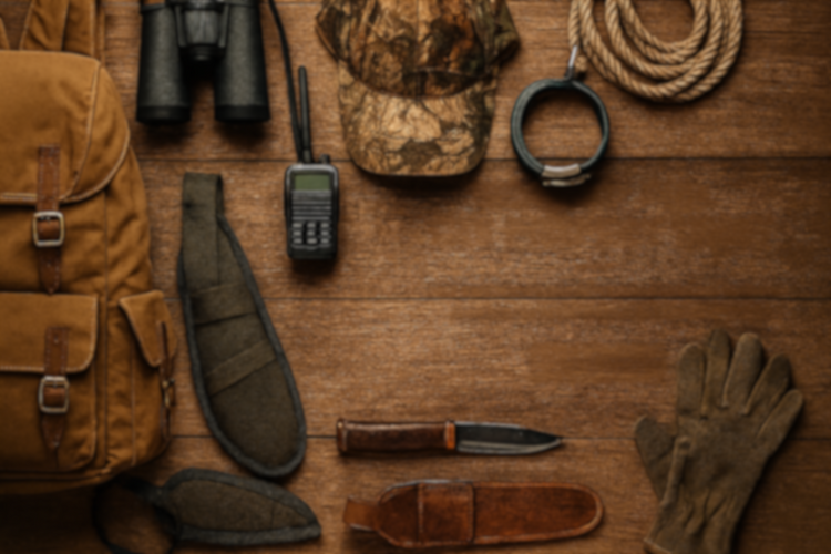 Outdoor hunting gear with knife, gloves, and backpack laid out on a rustic wooden table.