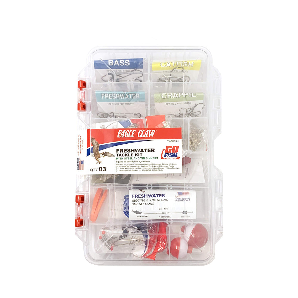 Eagle Claw Fresh Water Tackle Kit box front shows 83-piece versatility for freshwater fishing.