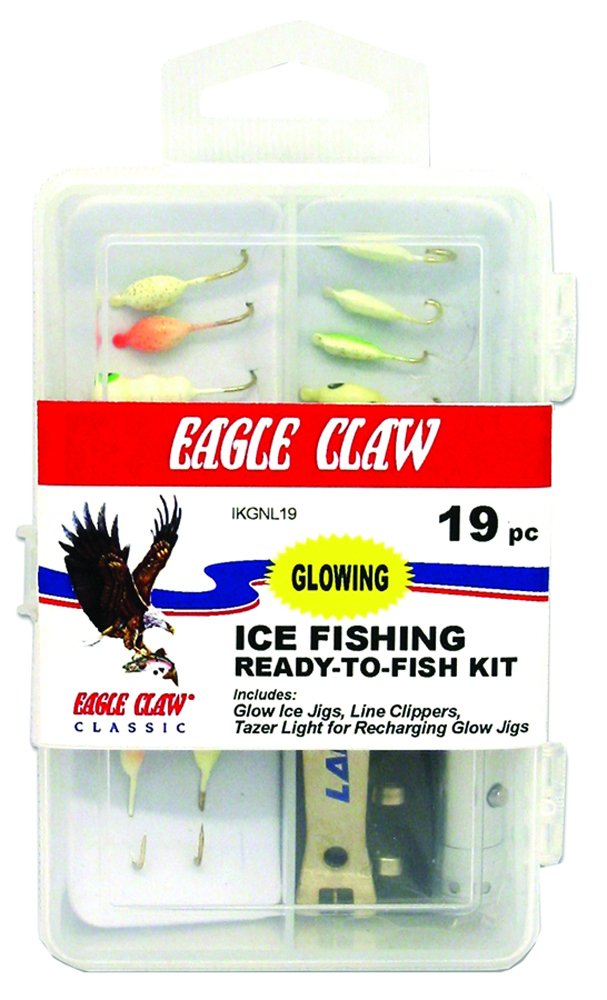 Eagle Claw Glow Ice Kit 19-piece set with glow jigs for ice fishing visibility