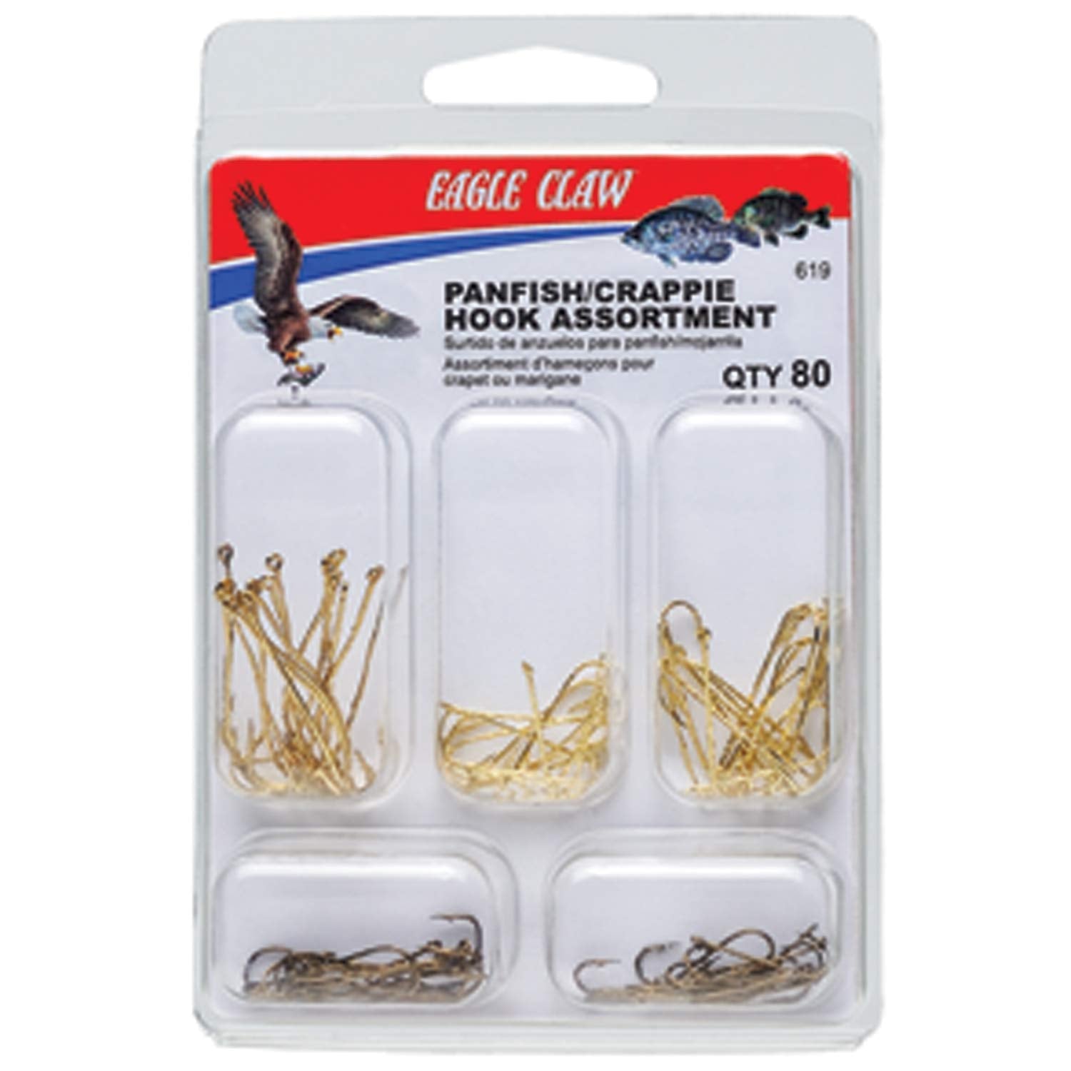 Eagle Claw panfish hook assortment opened to show 80 hooks for freshwater panfish.