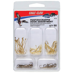 Eagle Claw panfish hook assortment opened to show 80 hooks for freshwater panfish.