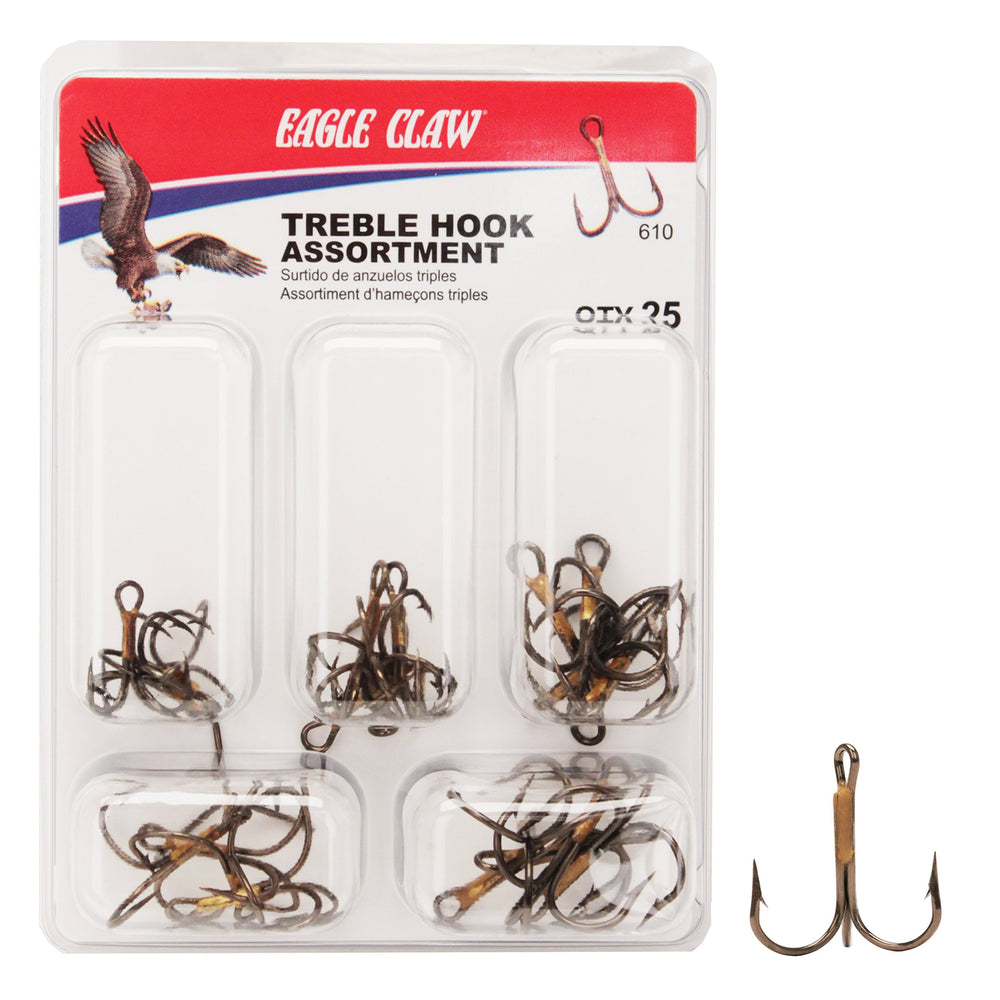 Eagle Claw Treble Hook Assortment box front displays varied sizes for versatile lure setups.