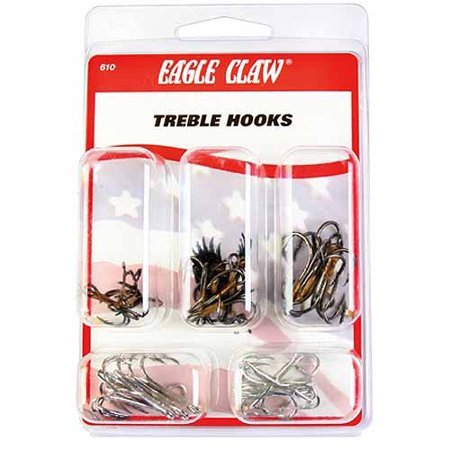 Eagle Claw Treble Hook Assortment hooks in tray show organization for fast changes.