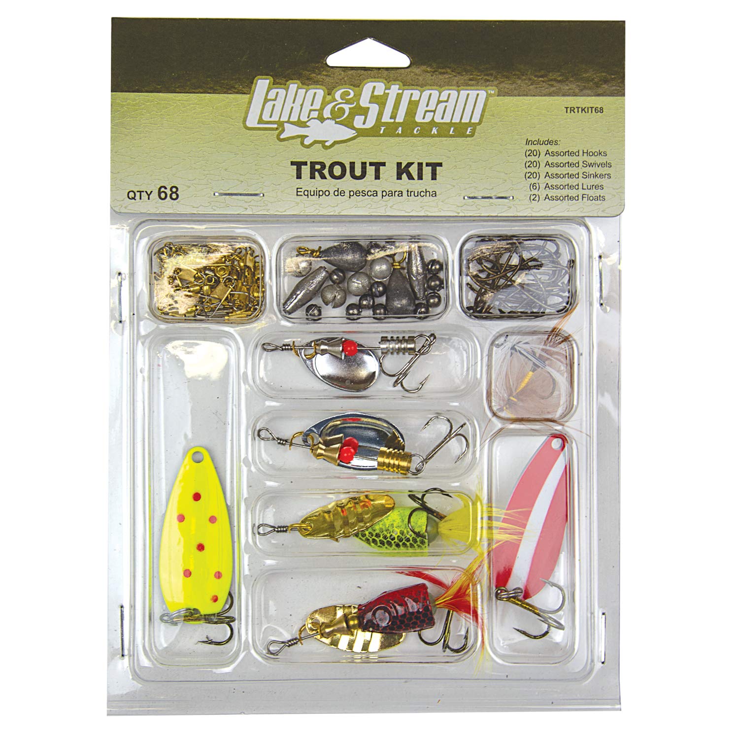 Eagle Claw Trout Tackle Kit contents shown for freshwater trout fishing
