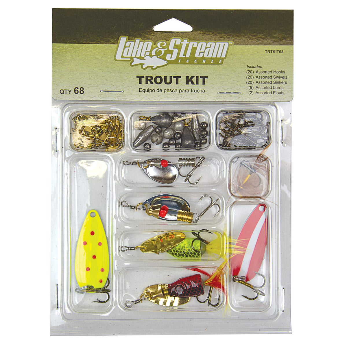 Eagle Claw Trout Tackle Kit contents shown for freshwater trout fishing