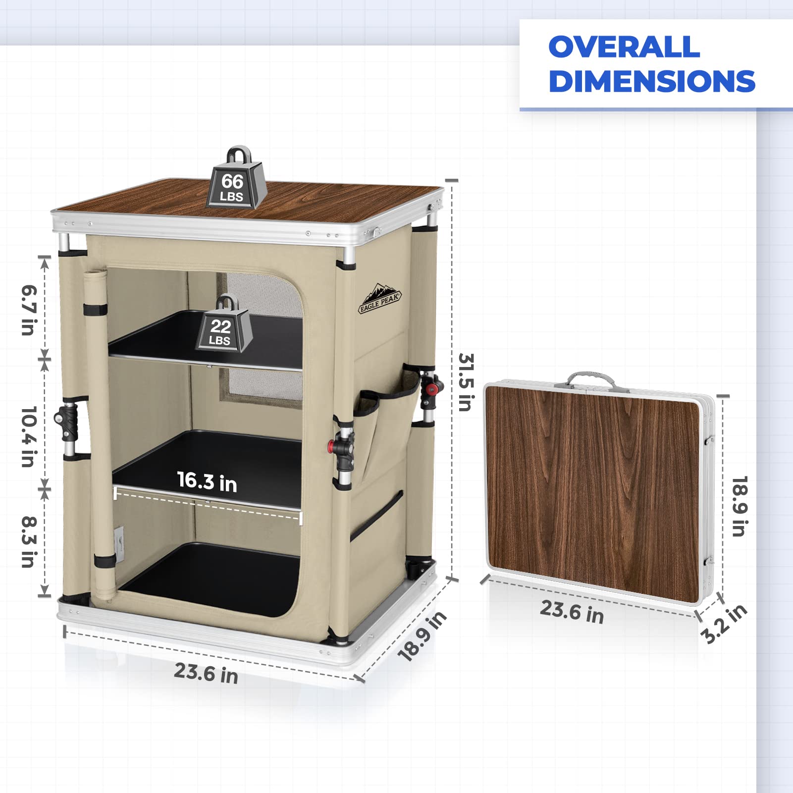 Three-tier storage system on EAGLE PEAK table arranged for flexible setup
