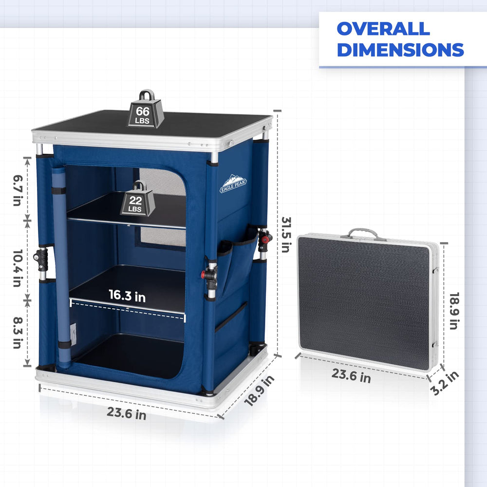 EAGLE PEAK camping table 3-tier storage system adjustable from 1 to 3 levels.