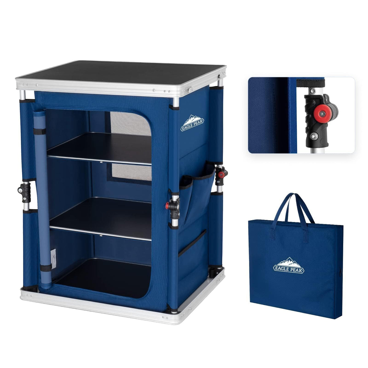 EAGLE PEAK folding camping table top view with sturdy aluminum frame and smooth MDF surface.