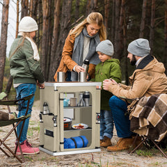 Center storage area on EAGLE PEAK table organized for camp essentials