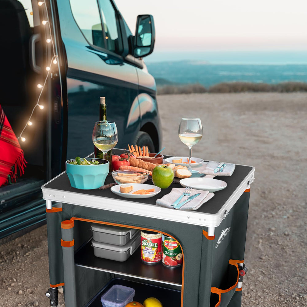 Eagle Peak table in-use camping kitchen demonstrates practical setup for outdoors.