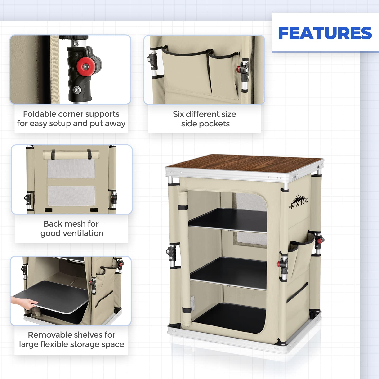 Side pockets on EAGLE PEAK table for utensils and quick-access items