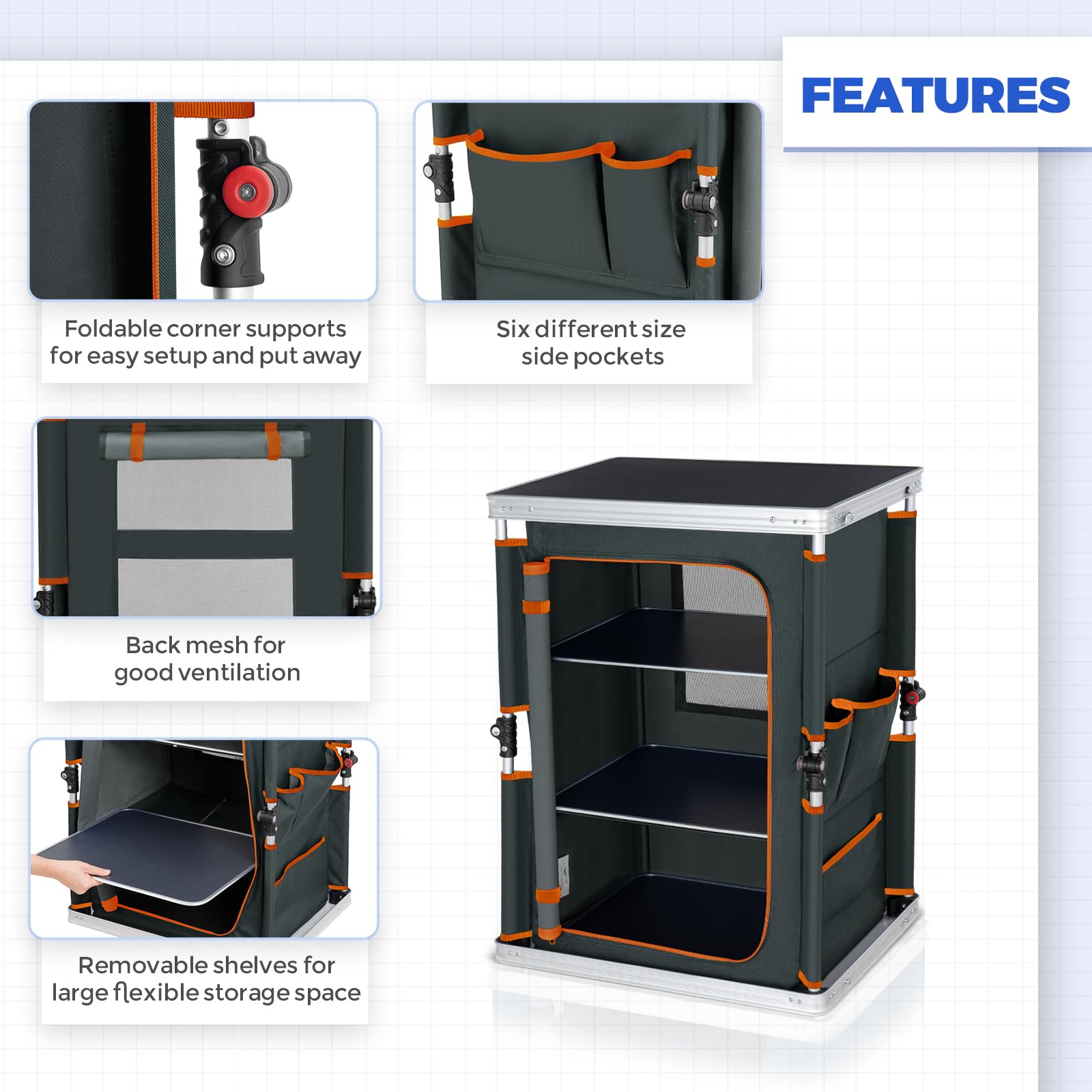 Eagle Peak table three-tier storage demonstrates flexible organization for gear and supplies.