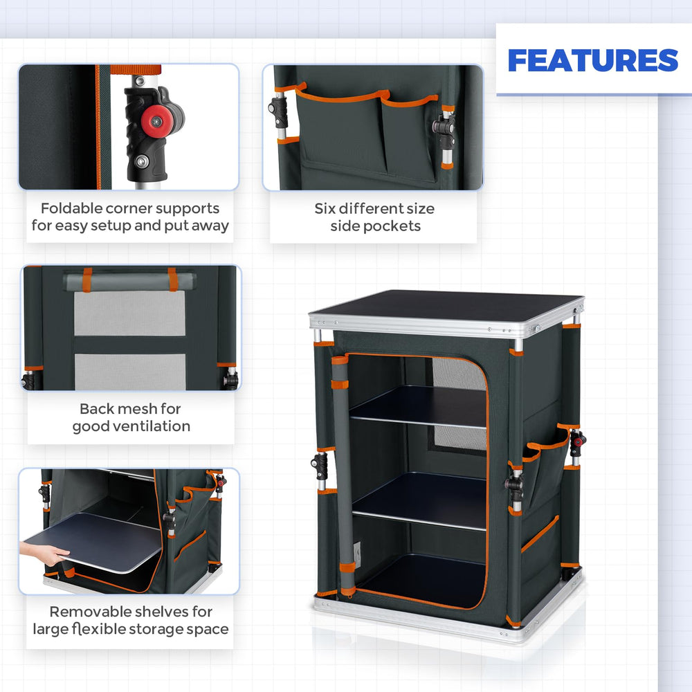 Eagle Peak table three-tier storage demonstrates flexible organization for gear and supplies.