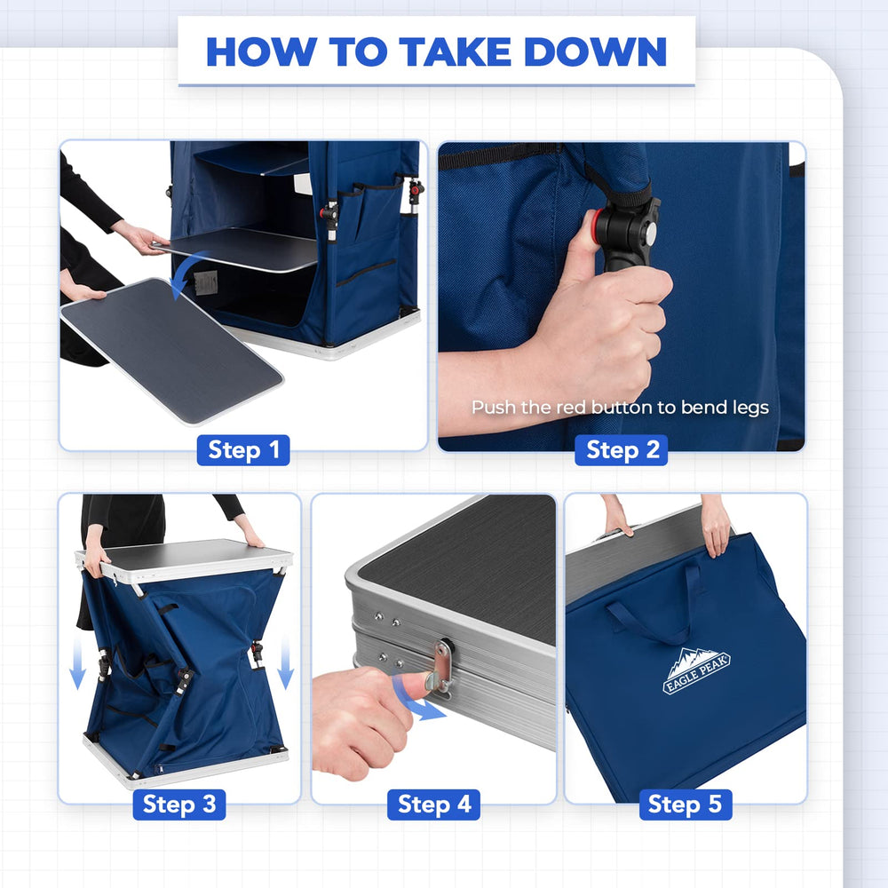 Removable shelves on the EAGLE PEAK table simplify cleaning and reconfiguration.