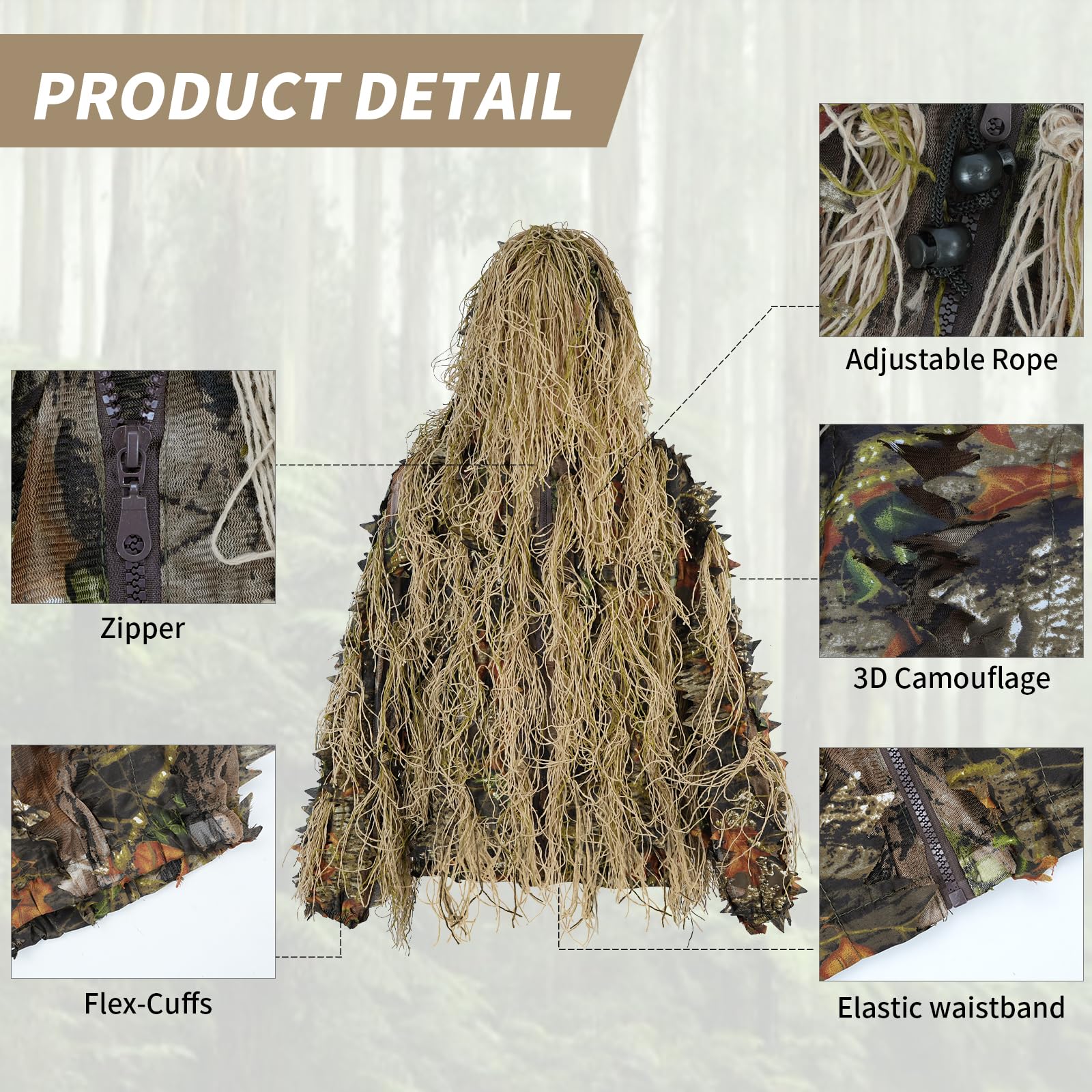 EAmber Ghillie suit 3D leaves pants offer breathable comfort during long outdoor missions.