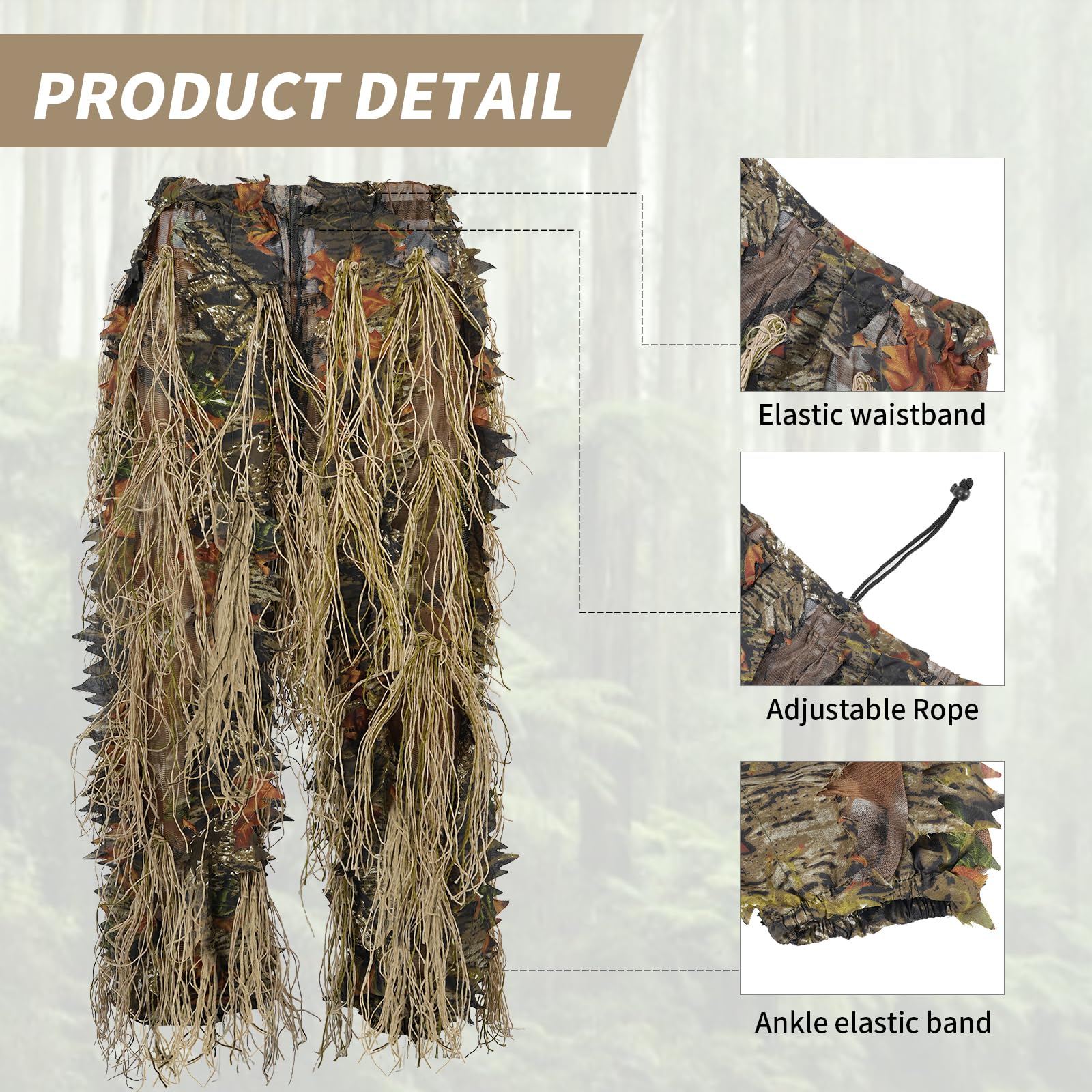 EAmber Ghillie suit breathable mesh base emphasizes lightweight wear for hiking and photography.