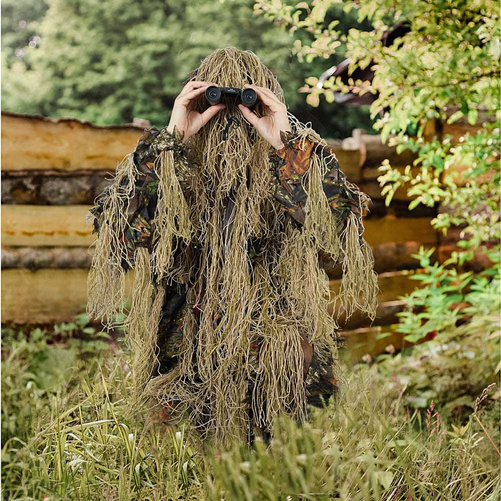 EAmber Ghillie suit hat with nylon rope supports quick concealment in wooded areas.