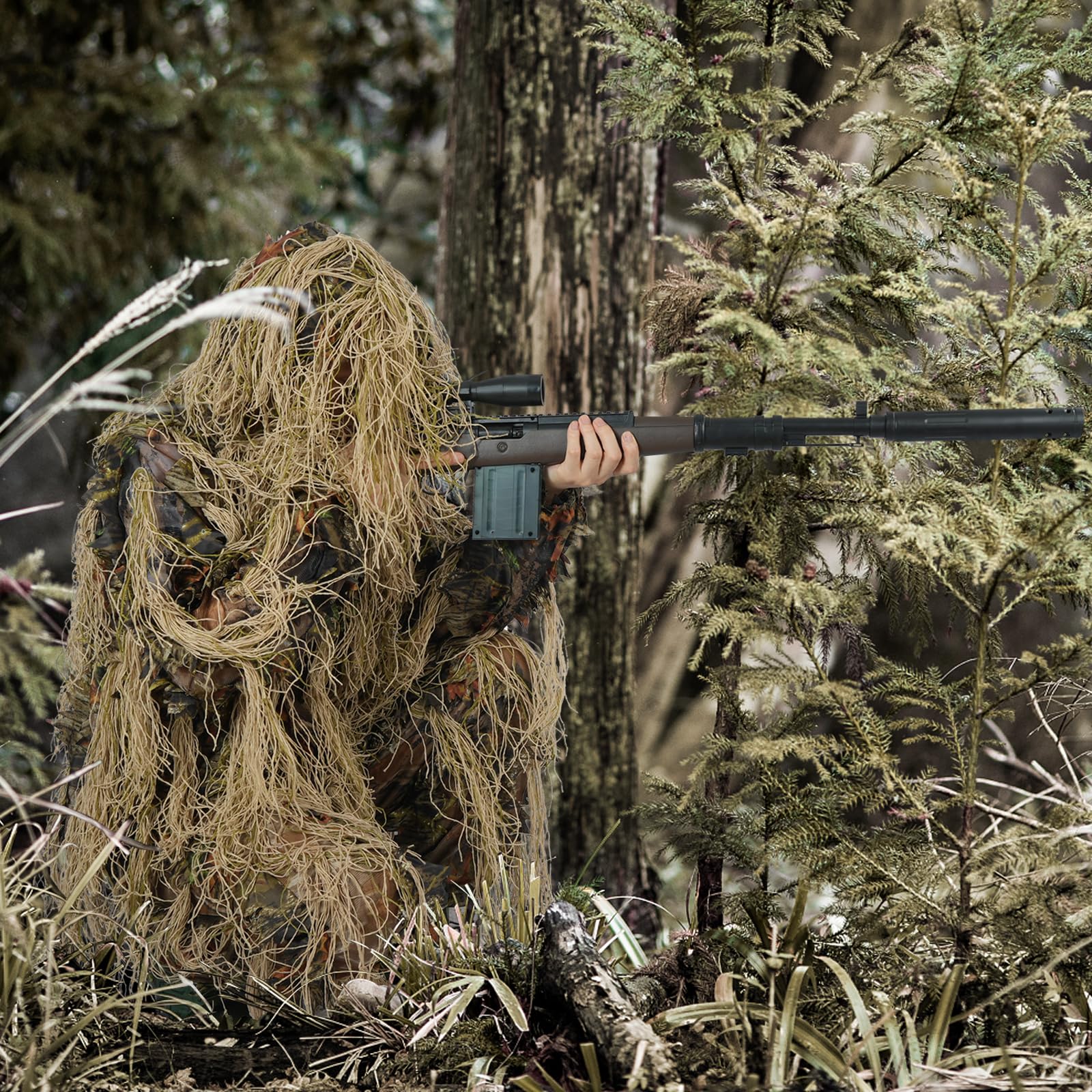 EAmber Ghillie suit wide applications suited for hunting, photography, and wildlife observation.