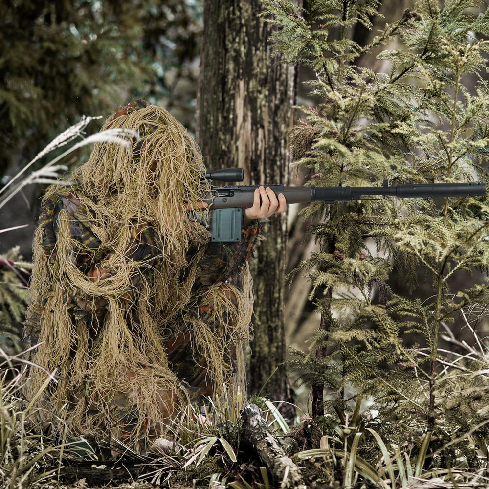 EAmber Ghillie suit wide applications suited for hunting, photography, and wildlife observation.