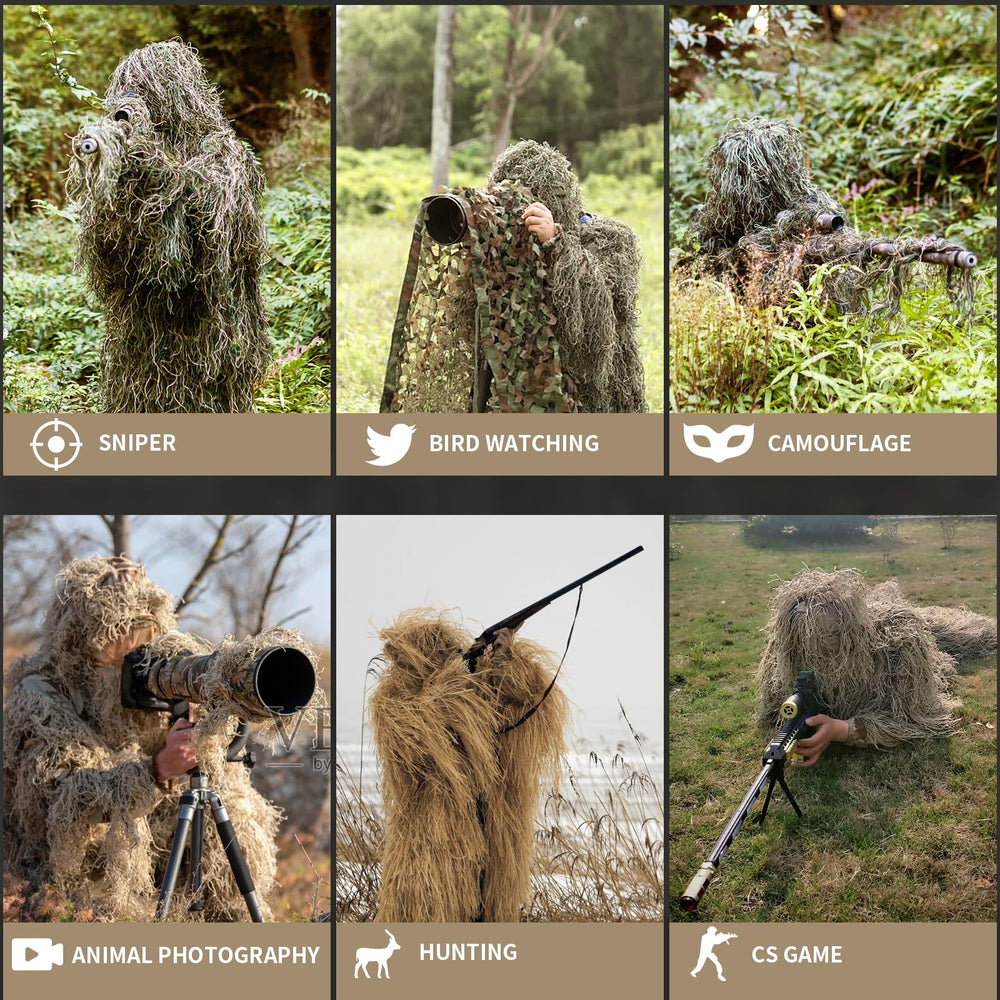 EAmber Ghillie suit zipper design jacket speeds up getting dressed in field conditions.