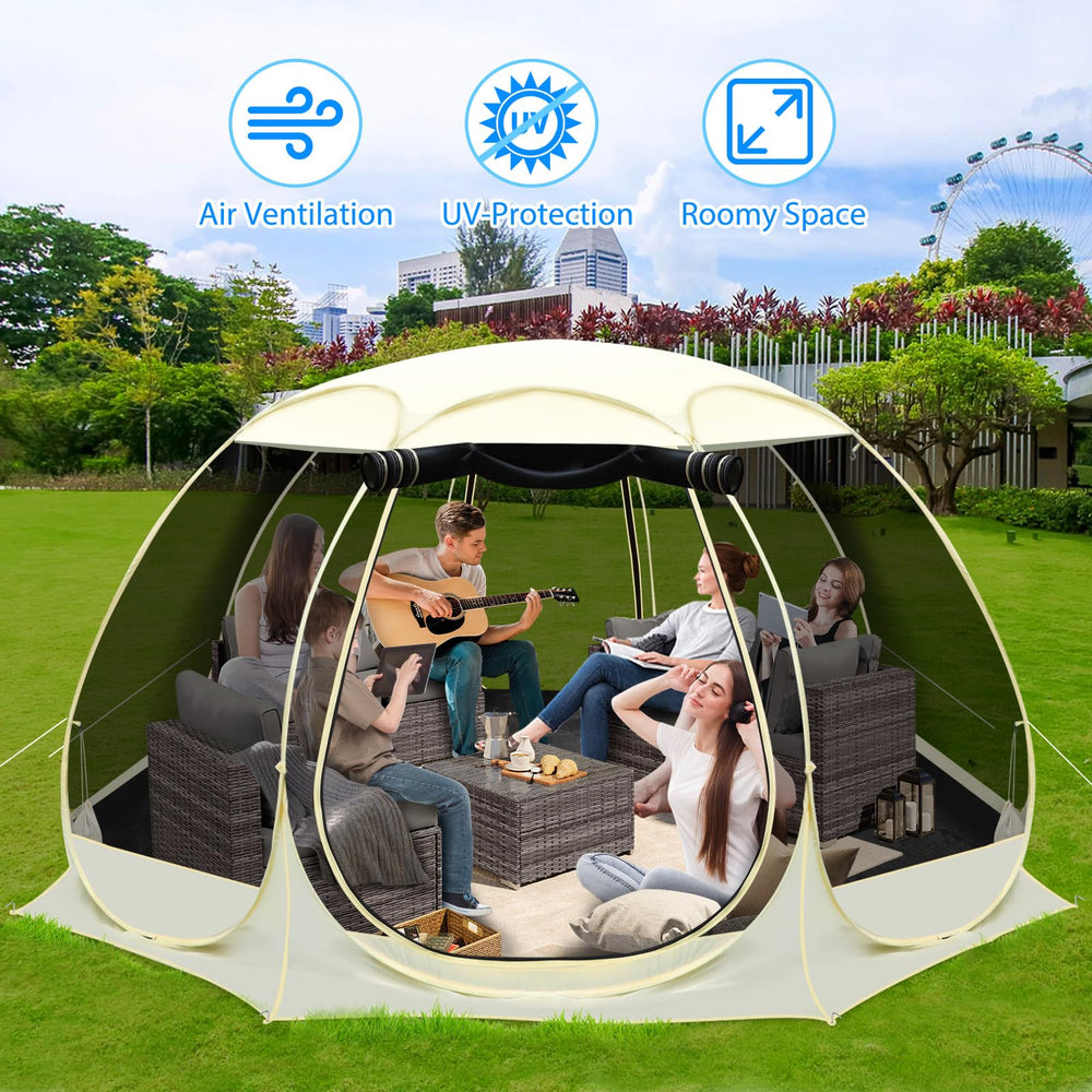 Eapele screen room shows 360-degree ventilation top windows for cooling