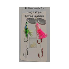 Close-up of squid skirt lure with UV coating in green and pink