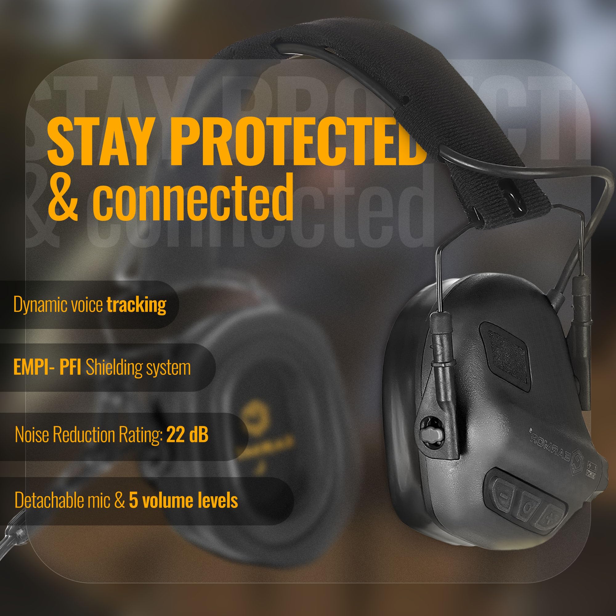 EARMOR M32 Plus ear cups show 22 dB NRR for reliable hearing protection.