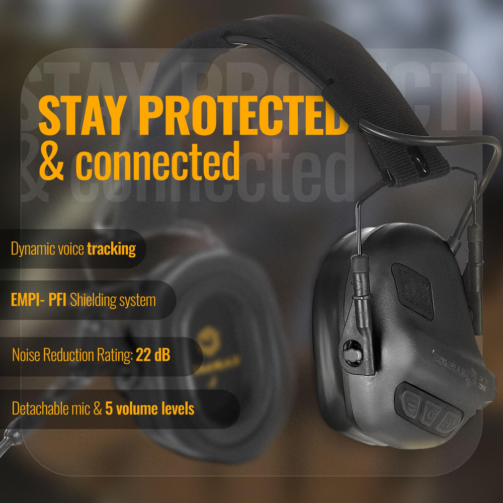 EARMOR M32 Plus ear cups show 22 dB NRR for reliable hearing protection.