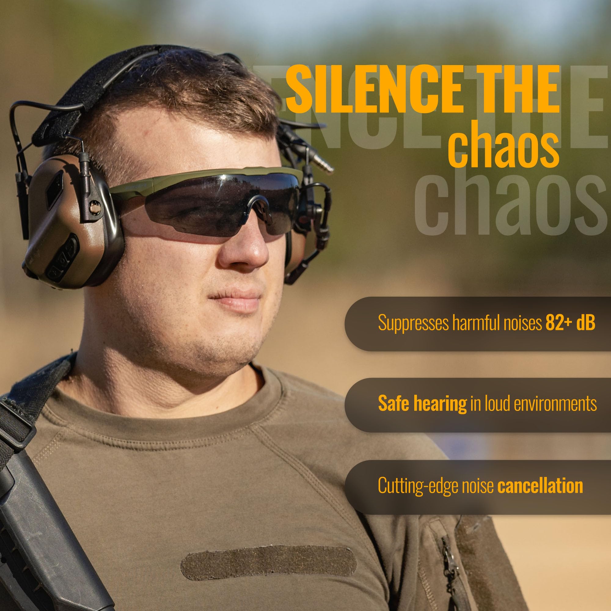 EARMOR M32 Plus 22 dB NRR visual highlights hearing protection for loud environments.