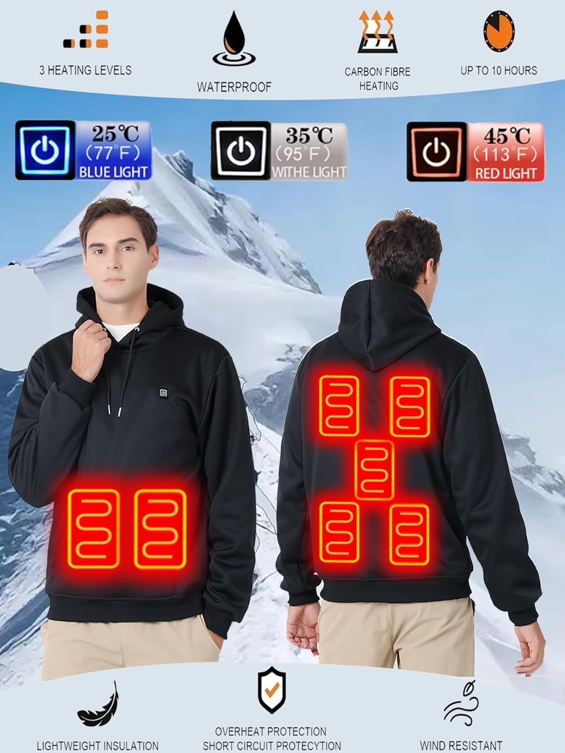 Earneo heated hoodie soft flannelette interior for skin-friendly comfort