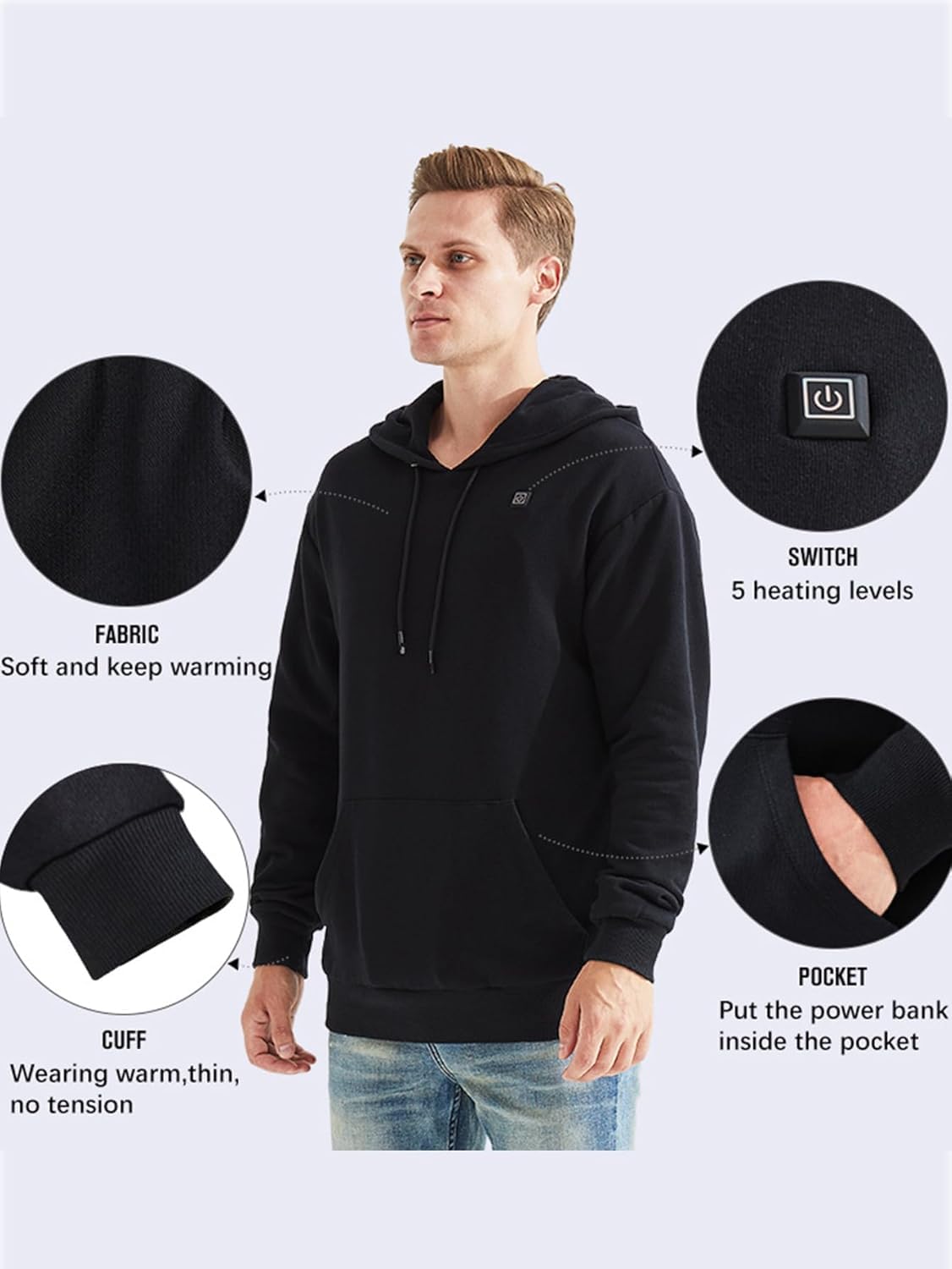 Earneo heated hoodie USB port enabling quick warmth during commutes
