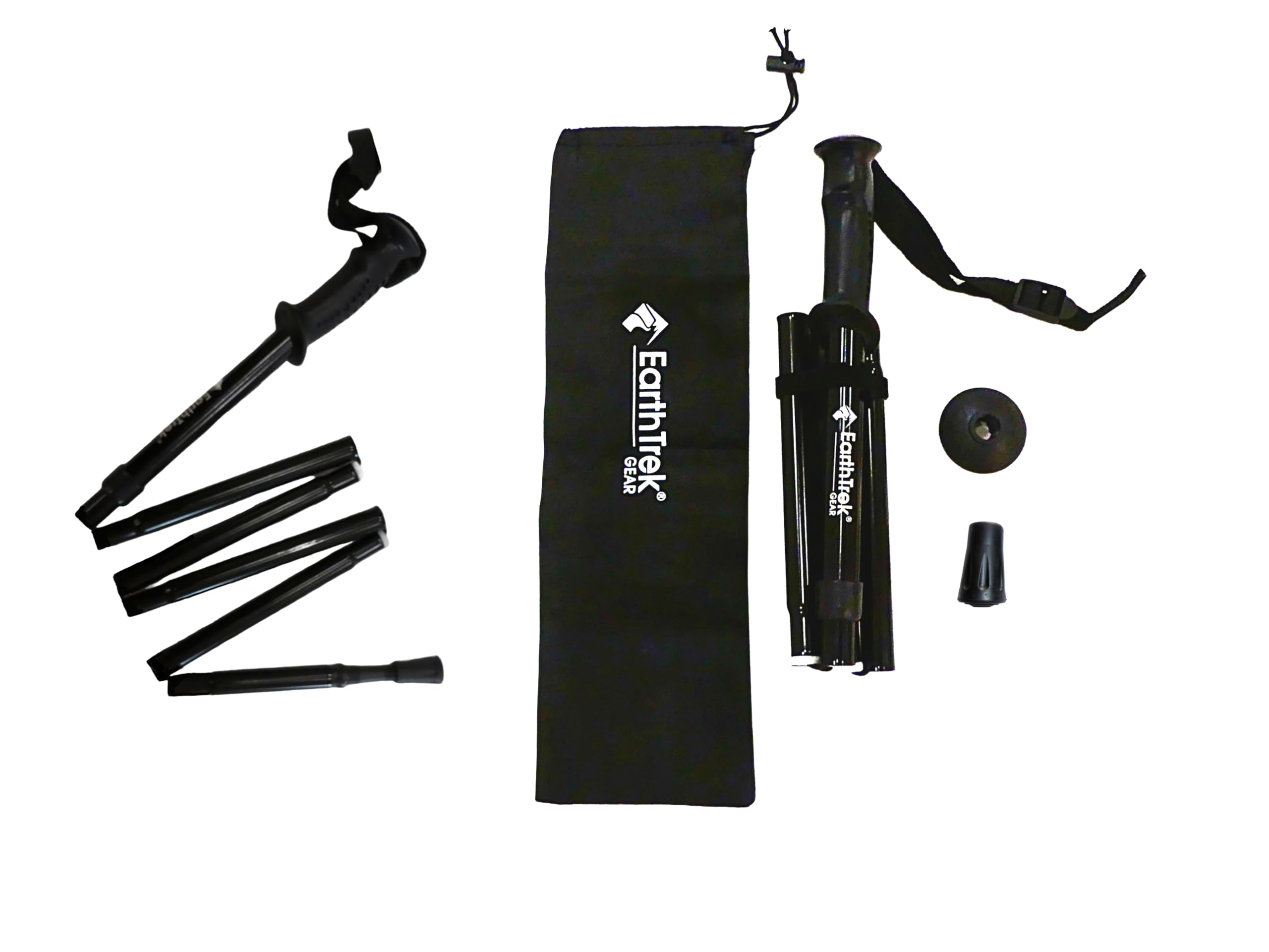EarthTrekGear folding trekking pole folded compactly for travel and storage.