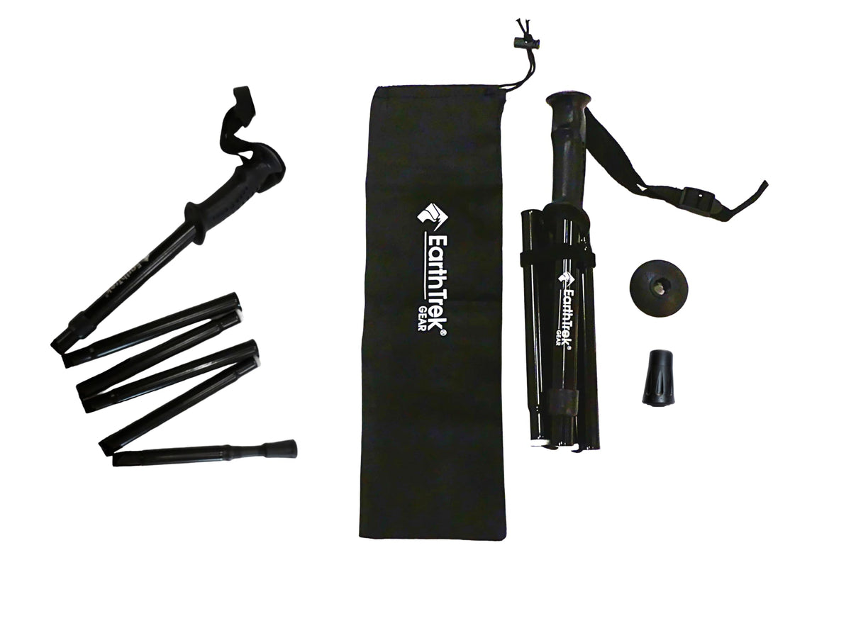 EarthTrekGear folding trekking pole folded compactly for travel and storage.