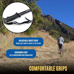 EarthTrekGear trekking pole with comfortable rubber handle and adjustable wrist strap for long hikes.