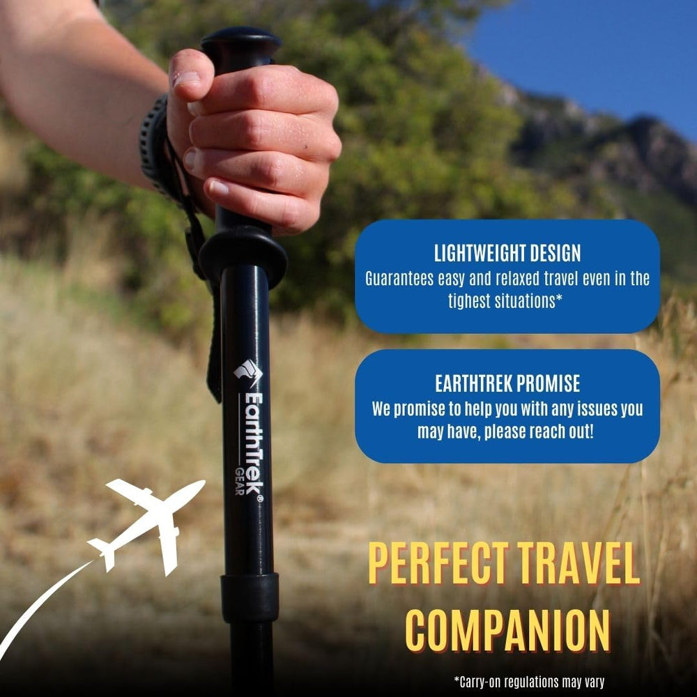 EarthTrekGear folding trekking pole stored in water-resistant bag with snow and mud basket.