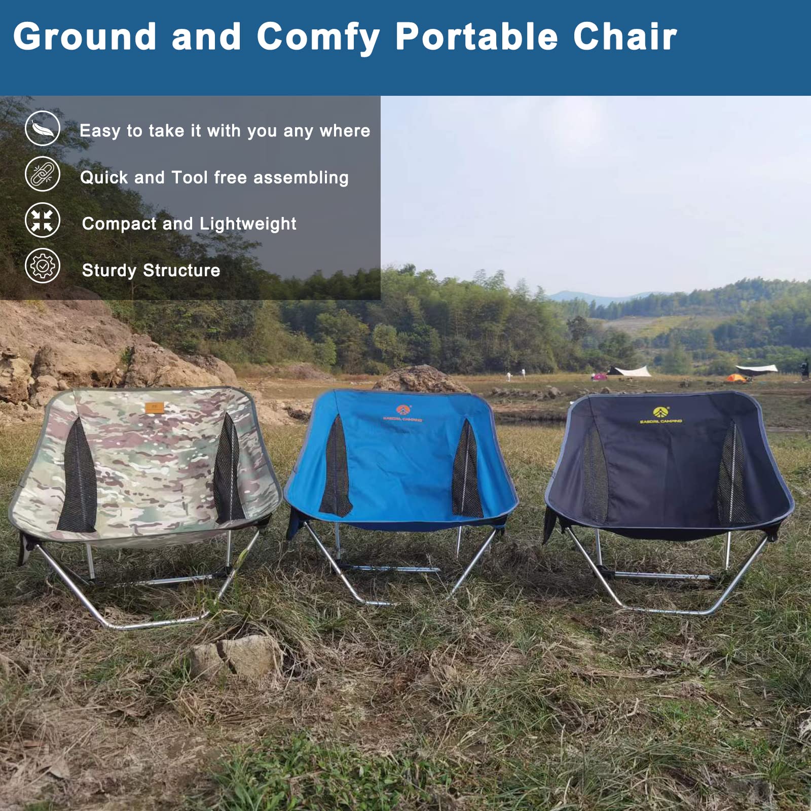 EASDRIL compact chair beside a backpack highlighting campsite convenience