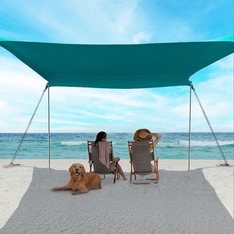 EasierHike Beach Shade Tent fully setup on sandy beach providing ample shade for family