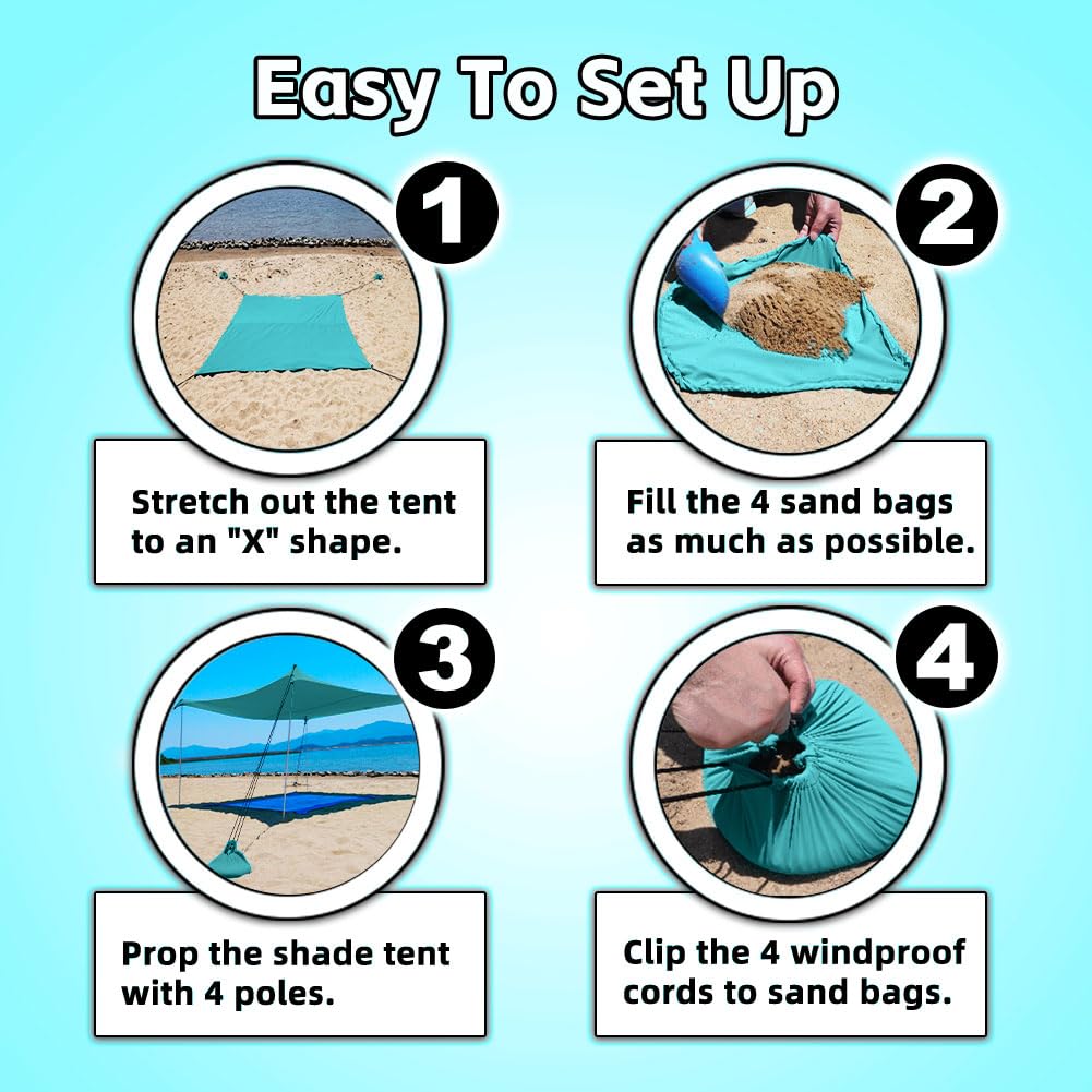 EasierHike Beach Shade Tent with four sandbags stabilizing against wind