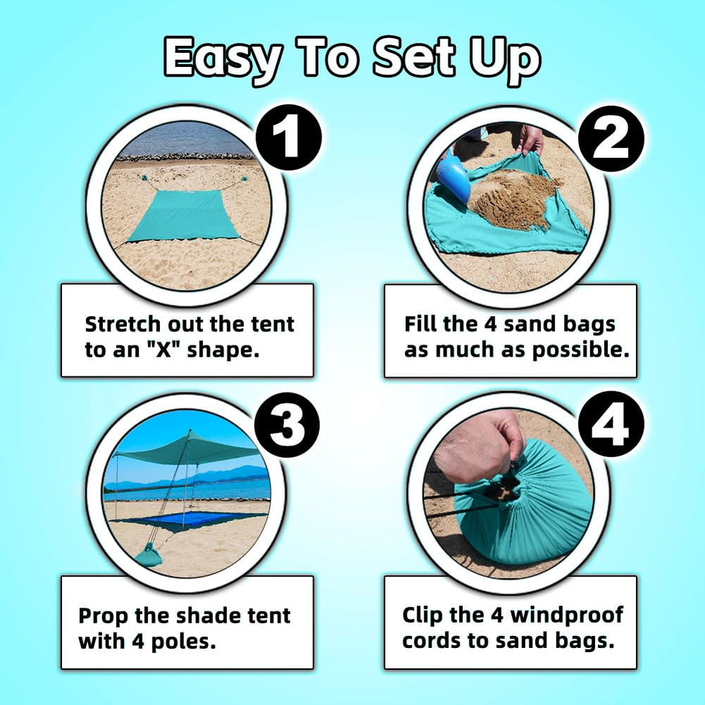 EasierHike Beach Shade Tent with four sandbags stabilizing against wind